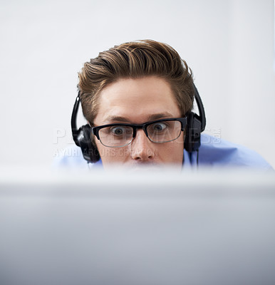 Buy stock photo Office computer, face and man reading script, software code or problem solving cyber security system. Information technology, cybersecurity developer or closeup person listening to music while coding