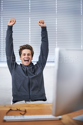 Buy stock photo Computer, office portrait and happy man excited for winning notification, growth or company sales success. Winner, achievement and male person screaming, wow and celebrate online news announcement