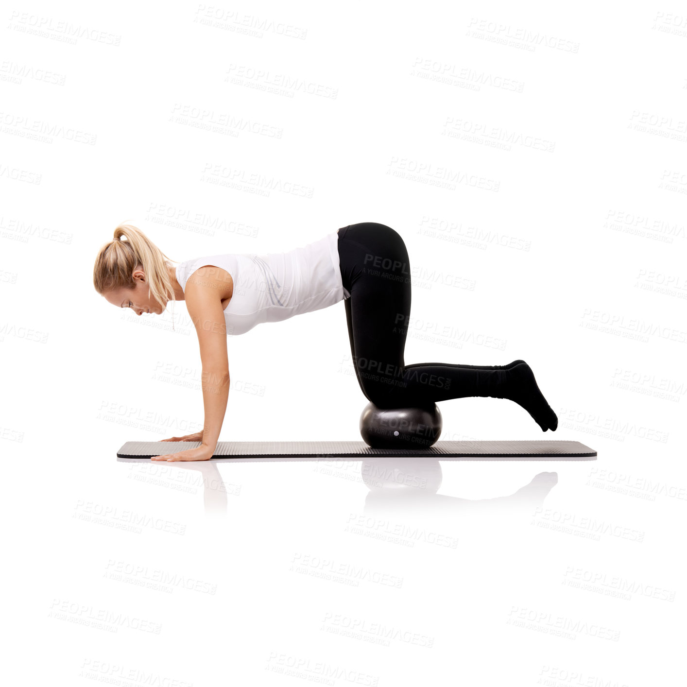 Buy stock photo Fitness, balance and woman on floor with ball for pilates, body building care and health in studio. Gym, training and girl on mat with cardio, energy and muscle workout isolated on white background.