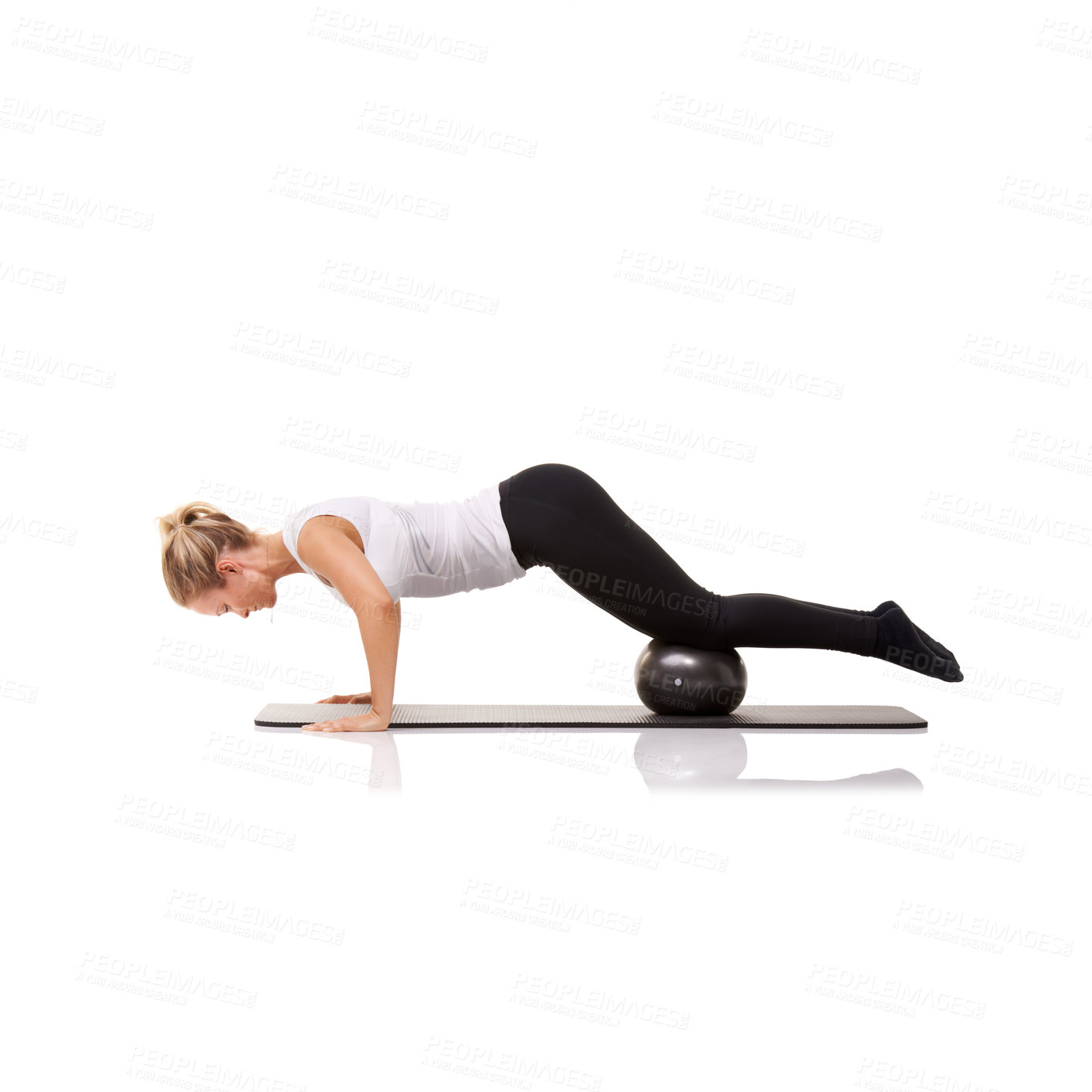 Buy stock photo Fitness, exercise and woman on mat with ball for pilates, body building care and health in studio. Gym, training and girl on floor with cardio, energy and muscle workout isolated on white background.