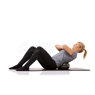 Buy stock photo Sit up, exercise and woman on floor with ball for pilates, body building care and health in studio. Gym, training and girl on mat with cardio, energy and muscle workout isolated on white background.