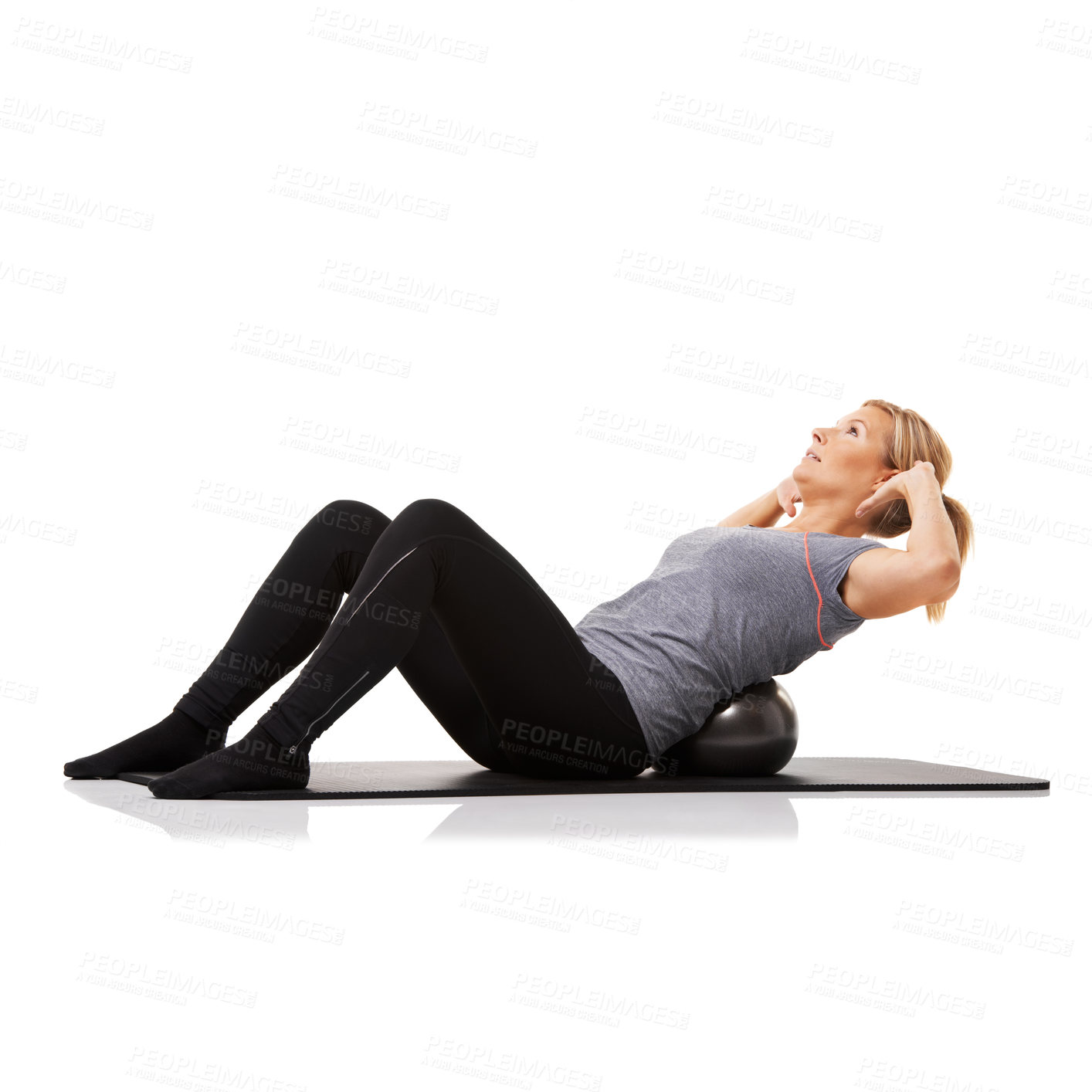 Buy stock photo Exercise, ball and woman with workout, energy and wellness isolated on white studio background. Person, mockup space and girl on a mat, core training and balance with endurance, progress or challenge