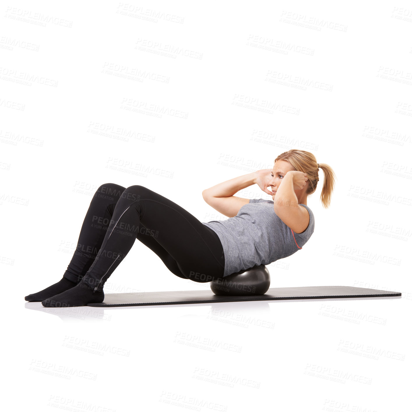 Buy stock photo Exercise ball, training and woman with workout, stretching and wellness isolated on a white studio background. Person, mockup space and girl with energy, fitness and sit up with balance and body
