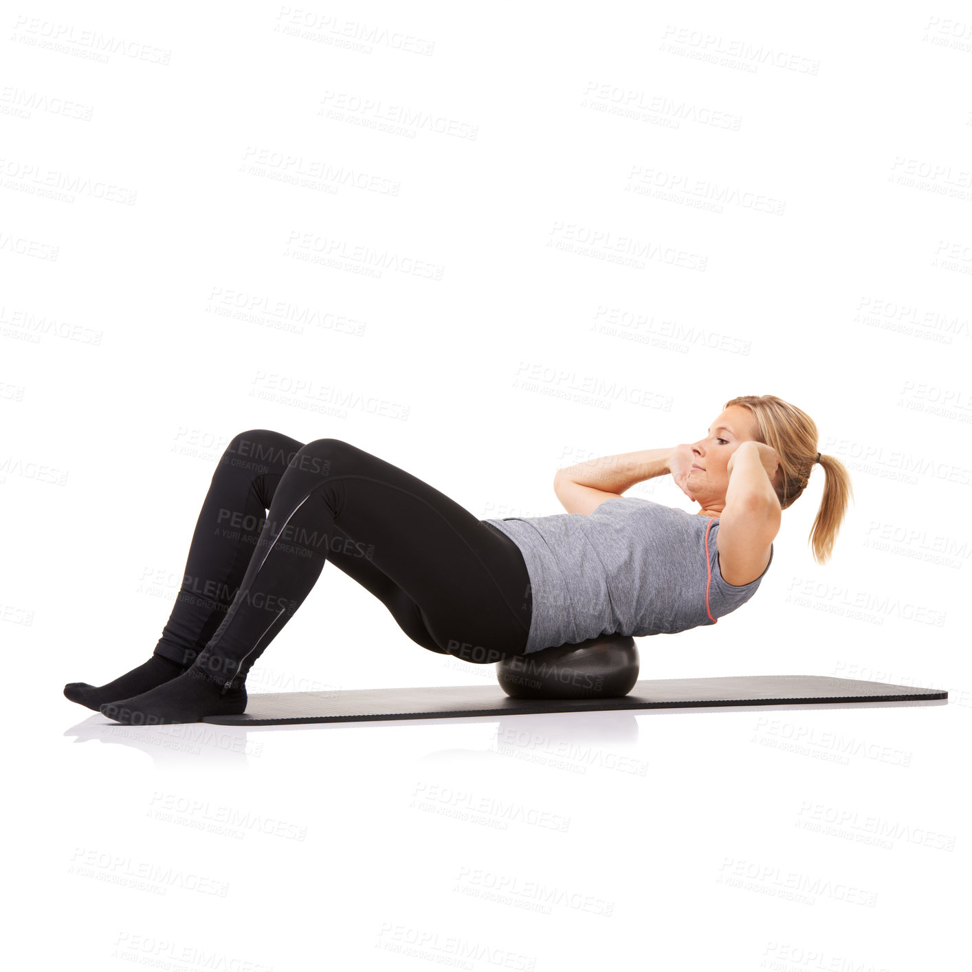 Buy stock photo Pilates, sit up and woman exercise on ball, workout or training healthy body isolated on a white studio background mockup space. Core muscle, mat and person on equipment for fitness or strong abdomen