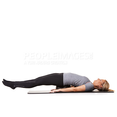 Buy stock photo Stretching legs, pilates and woman on ball in workout, training and healthy body isolated on a white studio background mockup space. Flexibility, mat and happy person on equipment for fitness balance