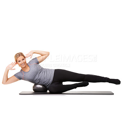 Buy stock photo Woman, portrait and exercise ball balance on side for yoga mat stretching, wellness or white background. Female person, face and gym equipment or fitness in studio for mockup, challenge or health