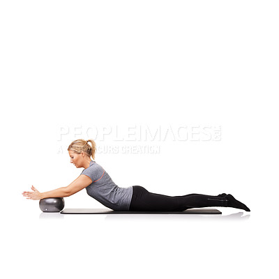 Buy stock photo Woman, ball and arm balance for stretching on yoga mat for workout performance, wellness or white background. Female person, gym equipment and fitness in studio for mockup space, challenge or health