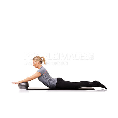 Buy stock photo Exercise ball, stretching and woman with training, flexible and balance isolated on a white studio background. Person, mockup space and girl with fitness, healthy and breathing with wellness or body