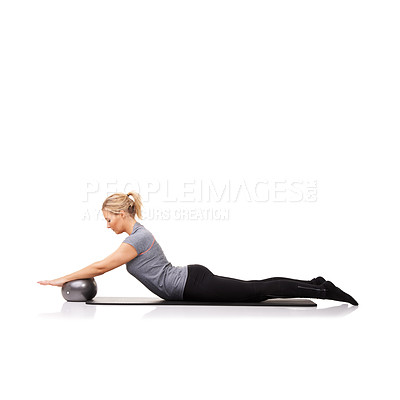 Buy stock photo Stretching arms, yoga or woman on ball in workout, exercise or body health isolated on a white studio background mockup space. Flexible, mat or person on equipment for balance, pilates or fitness