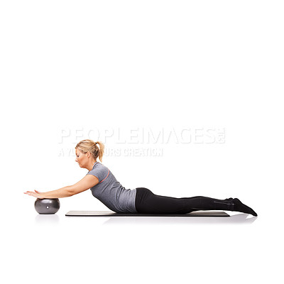 Buy stock photo Stretching arms, pilates or woman on ball in workout, exercise or body health isolated on a white studio background mockup space. Flexible, mat or person on equipment for balance, training or fitness