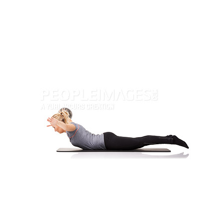 Buy stock photo Exercise arms, pilates or woman on ball in workout, stretching or body health isolated on a white studio background mockup space. Flexible, mat or person on equipment for balance, training or fitness