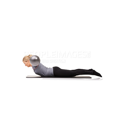 Buy stock photo Exercise ball, body and woman with wellness, stretching and girl isolated on a white studio background. Person, mockup space and girl with training, healthy and breathing with balance and flexible