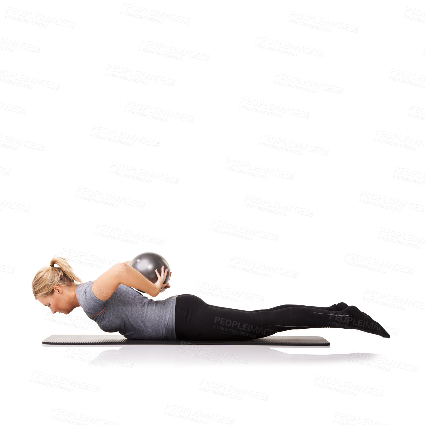 Buy stock photo Exercise ball, healthy and woman with workout, stretching and wellness isolated on white studio background. Person, mockup space and girl with core training, body and breathing with balance and model