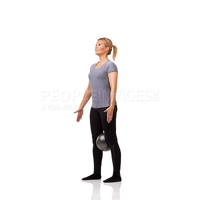 Buy stock photo Woman exercise legs on pilates ball, training and workout body health isolated on a white studio background mockup. Medicine equipment, balance and person in fitness, sports and standing for wellness