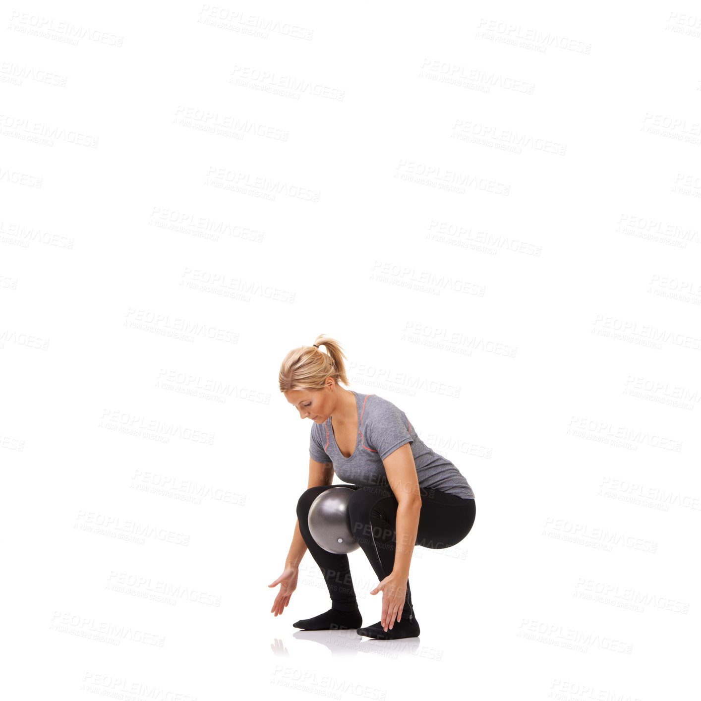 Buy stock photo Exercise knee, squat and woman on ball in workout, training and healthy body isolated on a white studio background mockup space. Legs, balance or person on equipment for  pilates, fitness or wellness