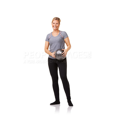Buy stock photo Portrait, smile and woman with pilates ball, exercise or training healthy body isolated on a white studio background mockup space. Happy person on sports equipment, fitness and workout in Switzerland