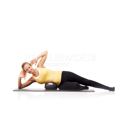 Buy stock photo Woman, portrait and exercise ball fitness on side for abductor strength workout, mockup space or white background. Female person, face and equipment in studio or training, balance or abdomen wellness