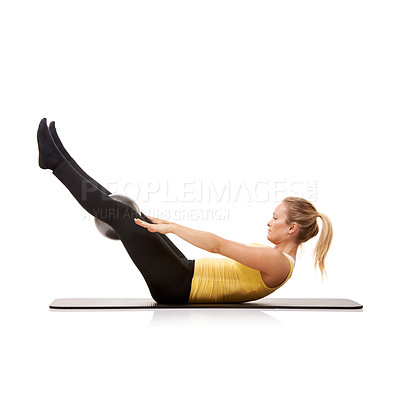Buy stock photo Exercise ball, training and woman with workout, stretching and wellness isolated on a white studio background. Person, mockup space and girl with fitness, healthy and breathing with legs and model
