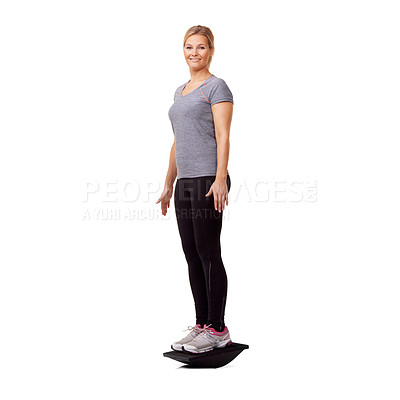Buy stock photo Fitness, studio portrait and happy woman with balance board, smile and healthy body workout at gym. Exercise, stability and girl with wellness, pilates training and tools isolated on white background