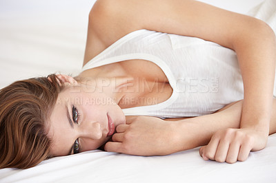 Buy stock photo Relax, thinking and a young woman on a bed in her home to wake up in the morning with an idea. Rest, vision and pajamas with a feminine person in the bedroom of her apartment for weekend chilling