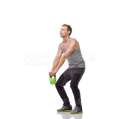 Buy stock photo Training, exercise and studio man with kettlebell for muscle growth, strength development or weightlifting routine. Gym equipment, weight lifting hard work and strong body builder on white background
