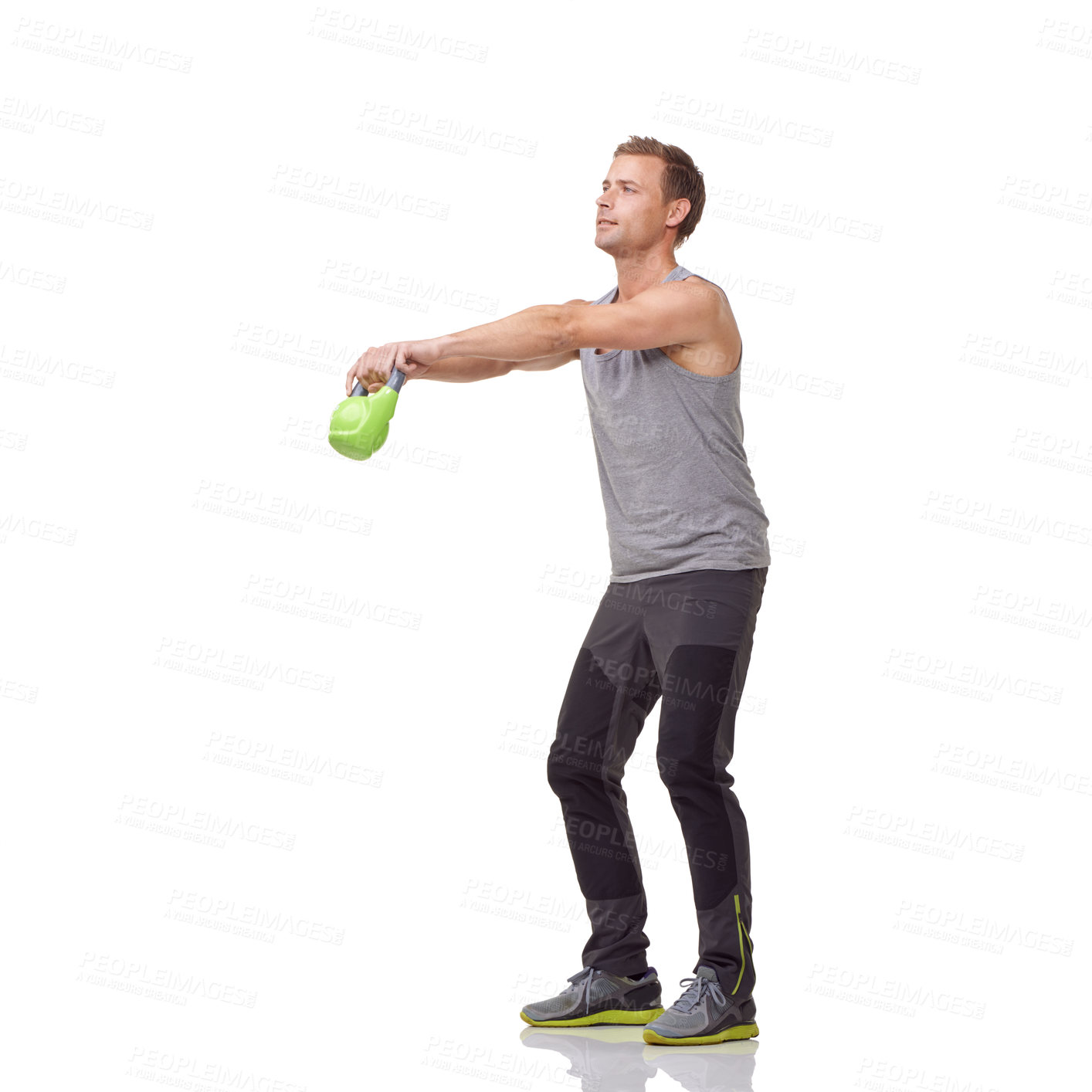 Buy stock photo Training, workout and studio man with kettlebell for muscle growth, strength development or weightlifting performance. Gym equipment, weight lifting technique and sports athlete on white background