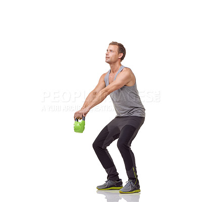 Buy stock photo Training, fitness and studio man with kettlebell for muscle growth, strength development or weightlifting performance. Gym equipment, strong bodybuilder and male athlete lifting on white background