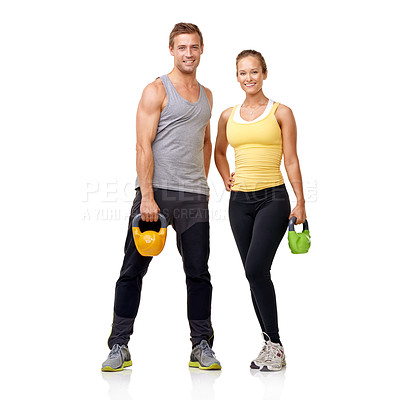 Buy stock photo Studio shot of of two people with weights isolated on white
