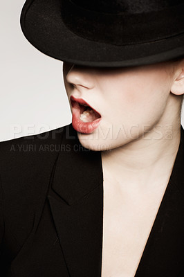Buy stock photo Woman, fashion and gasp for hat, model and makeup with vintage clothes and studio background. Classic, retro and classy with glamour, stylish and jacket for lady, elegance or timeless outfit