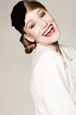 Buy stock photo Woman, portrait and vintage fashion or confidence in studio with pride and elegant style or happy. Person, face and designer outfit with hair accessory or smile for aesthetic on white background