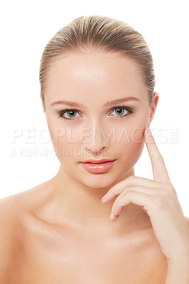 Buy stock photo Woman, makeup and beauty with portrait, hand and model for skin or clean cosmetics on white background. Studio, face and headshot with shine and skincare for facial glow, cosmetology or grooming