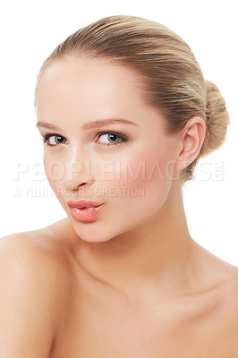 Buy stock photo Woman, makeup and beauty with portrait, pout and model for skin, cosmetics on white background. Topless, beautiful and headshot with shine, skincare or clean for facial glow, dermatology or grooming

