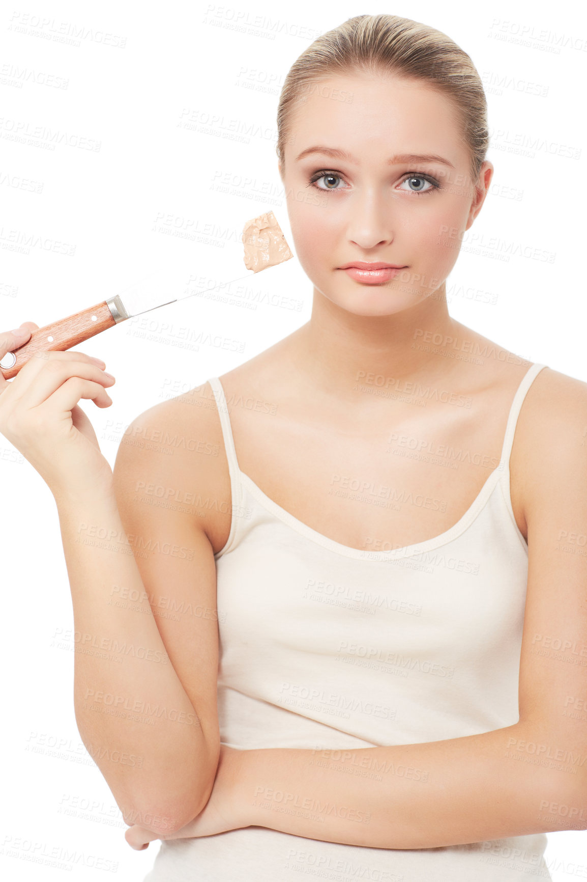 Buy stock photo Makeup, foundation and unhappy woman with portrait for beauty, skincare and cosmetics in studio. Sad, frustrated and female person with skin issue and problem from face product with white background