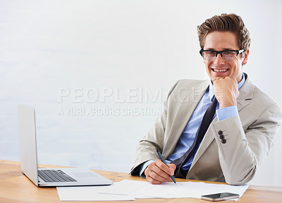 Buy stock photo Business man, computer and paperwork in office portrait for financial planning, taxes or accounting management. Accountant or auditor in glasses with documents, writing report and laptop for research