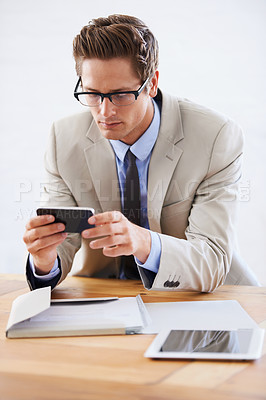 Buy stock photo Businessman, smartphone and email or communication in office, internet connection and online research. Male person, website and mobile application or networking, technology and social media at work