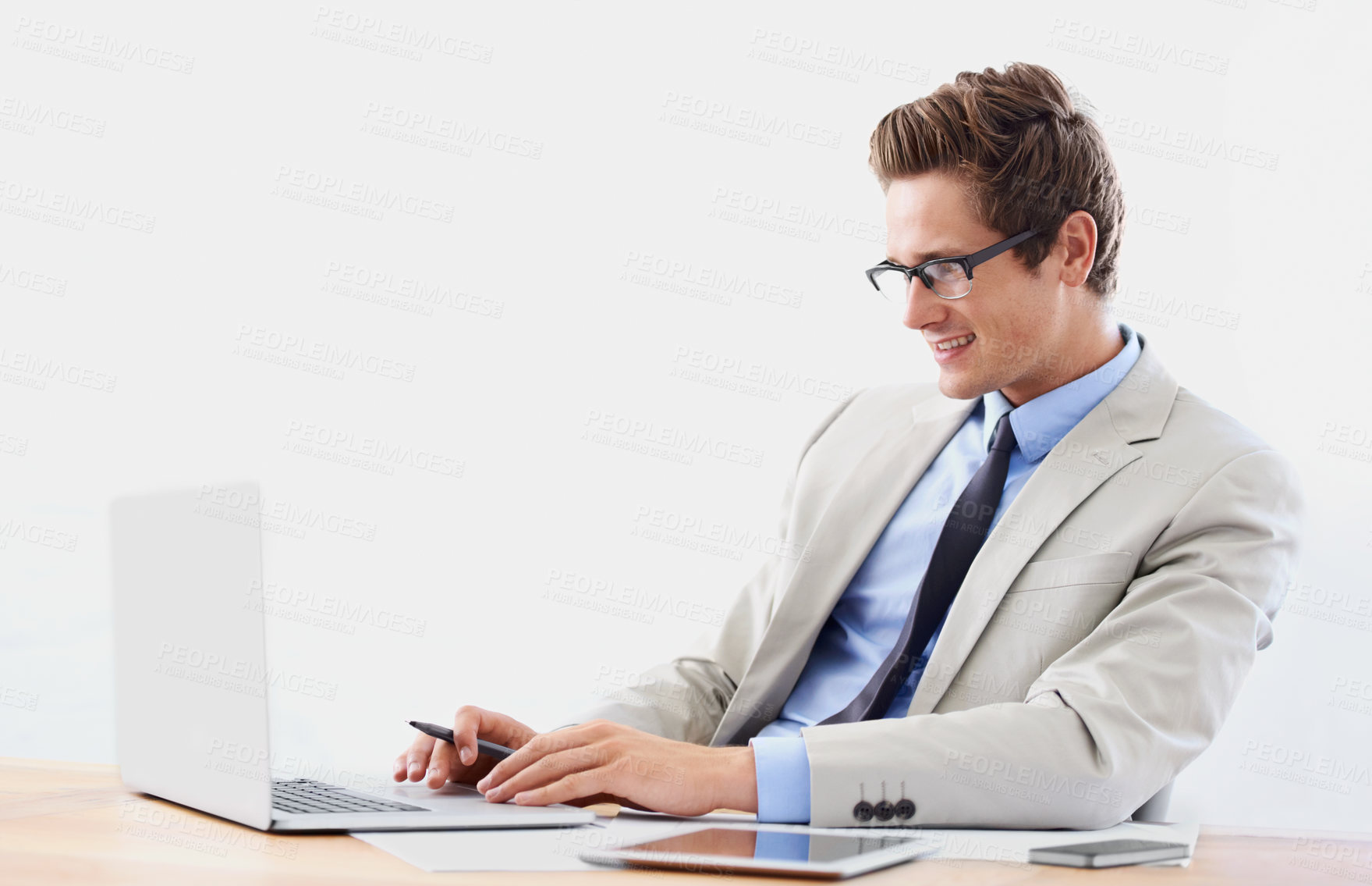 Buy stock photo Business man, working on computer or planning for stock market research, trading solution or software management. Professional person or trader reading in glasses and vision for finance on his laptop
