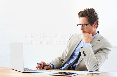 Buy stock photo Business man, computer and thinking of stock market research, trading solution and choice or decision. Professional person or trader reading in glasses and vision for financial planning on his laptop