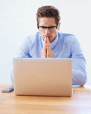 Buy stock photo Business man, strategy and thinking on computer for research, hope or faith with investment decision. Professional analyst or trader in reading glasses, problem solving or trading solution on laptop