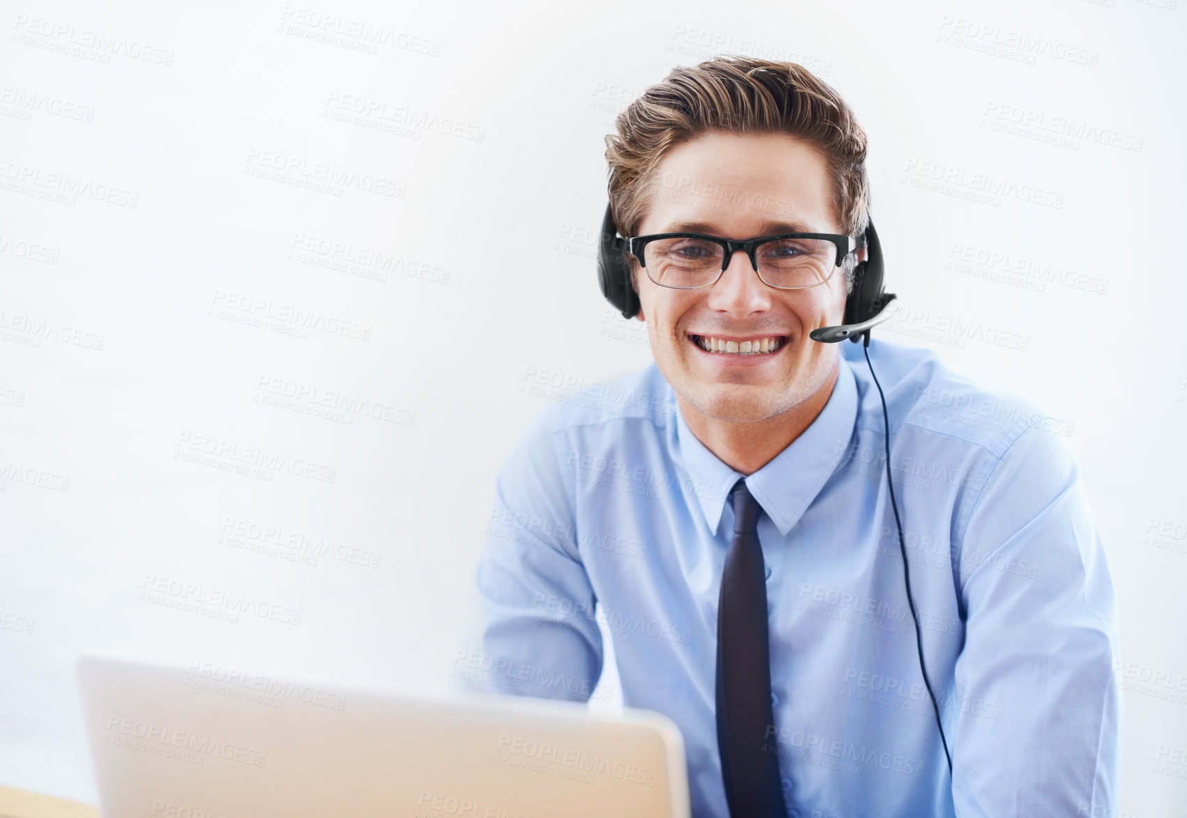 Buy stock photo Business man, call center portrait and computer for virtual communication, customer service or support. Professional agent, consultant or advisor with FAQ or contact us on a wall or white background