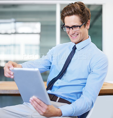 Buy stock photo Happy business man, reading tablet and planning in office for investment, data analysis or software management. Professional person or analyst in glasses and vision for online report on digital tech