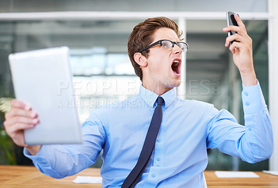 Buy stock photo Businessman, screaming and anger on phone call, stress and bad news or mistake and fail in workplace. Professional, male person and shouting at smartphone for debt, tablet and technology for crisis