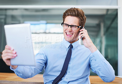 Buy stock photo Businessman, phone call and reading tablet or smile in office, notification and communication for news. Male person, discussion and information or online announcement, smartphone and conversation