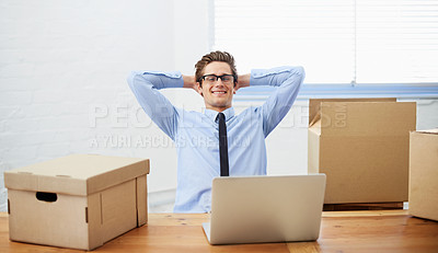 Buy stock photo Business man, moving boxes and smile for laptop, entrepreneur and online logistics for courier. Male person, professional and delivery for company distribution, package and shipment by internet
