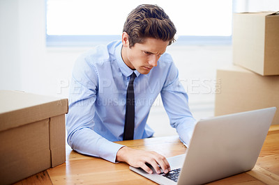 Buy stock photo Business man, moving boxes and stress by laptop, entrepreneur and online logistics for courier. Male person, professional and late delivery for company distribution, frustration and shipment or fail