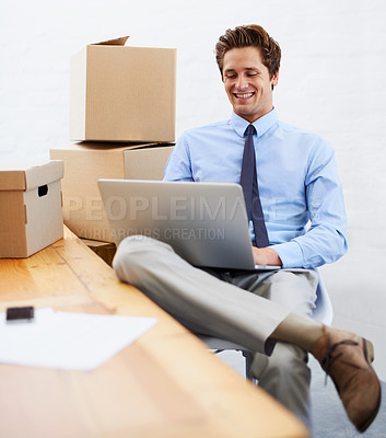 Buy stock photo Business man, shipping boxes and happy by laptop, entrepreneur and online logistics for courier. Male person, professional and delivery for company distribution, package and technology or internet
