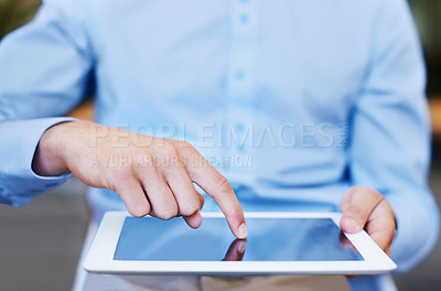 Buy stock photo Tablet, finger and business for hands interactive design, mockup and technology for networking or touch. Person, internet and responsive touchscreen for application, website and research in office