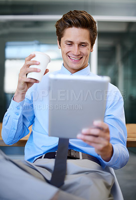 Buy stock photo Businessman, drinking coffee and social media on break, tablet and internet connection for browsing. Male person, professional and laughing for funny meme or conversation, app and humor on technology