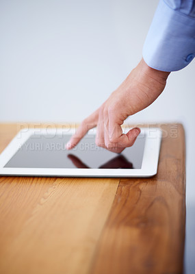 Buy stock photo Tablet, finger and pointing for interactive screen, mockup and technology for networking or touch. Businessman, internet and responsive design for application, web and research in office or display