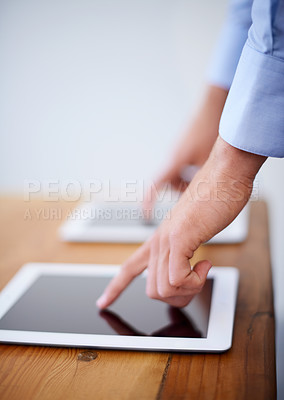 Buy stock photo Tablets, finger and pointing for interactive design, syncing and technology for networking or touch. Businessman, internet and responsive touchscreen for application, website and research in office