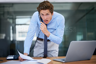 Buy stock photo Businessman, landline and discussion in office portrait, paperwork and communication or planning. Male professional, contact and networking on phone call for negotiation on business deal opportunity
